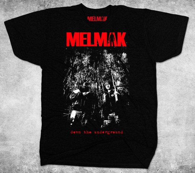 Foto del diseño de la camiseta "Down the Underground" en negro, para Melmak